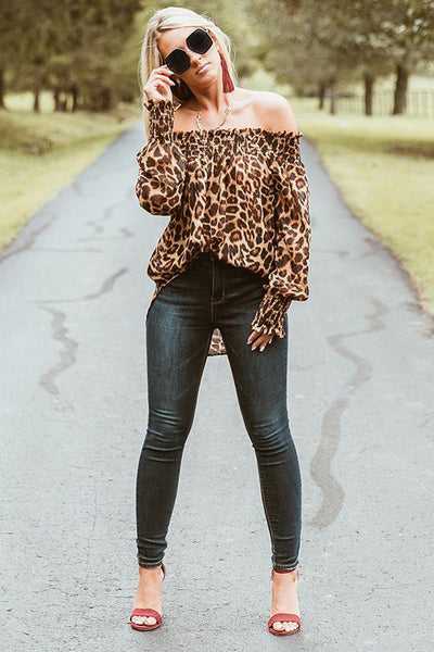 Long Sleeve Off Shoulder Printed Blouse - Casual Virtual Chic